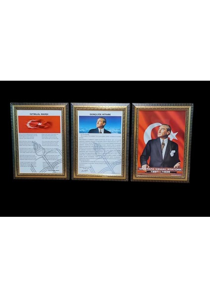 Atatürk Gençliğe Hitabe Istiklal Marşı Portre Tablo Köşe 3'lü Set 45 x 60 cm