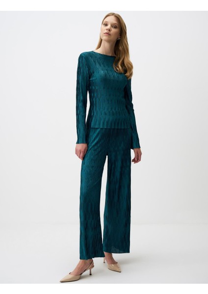 Petrol Yeşili Rahat Kesim Bol Paça Janjanlı Örme Pantolon