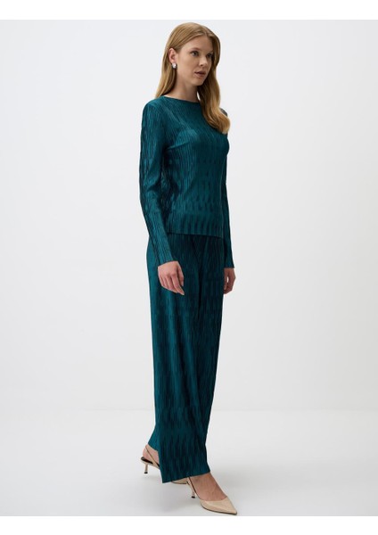 Petrol Yeşili Rahat Kesim Bol Paça Janjanlı Örme Pantolon modelleri