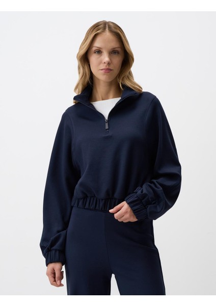Lacivert Balıkçı Yaka Uzun Kollu Kısa Örme Sweatshirt