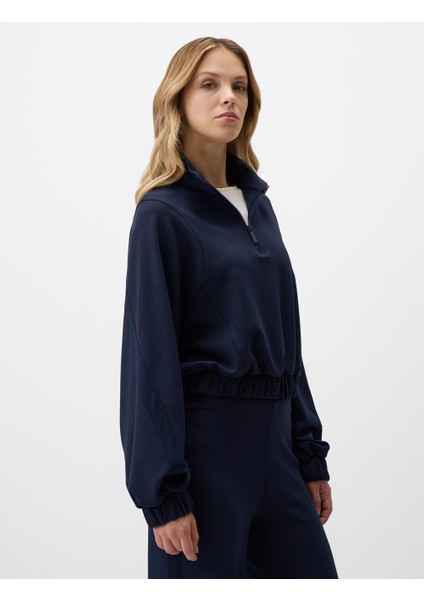 Lacivert Balıkçı Yaka Uzun Kollu Kısa Örme Sweatshirt