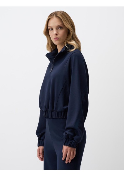 Lacivert Balıkçı Yaka Uzun Kollu Kısa Örme Sweatshirt
