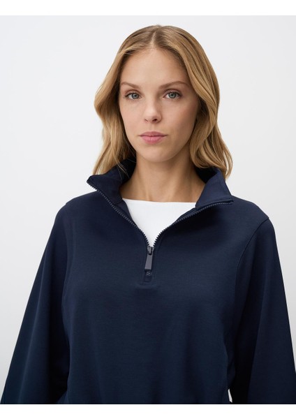 Lacivert Balıkçı Yaka Uzun Kollu Kısa Örme Sweatshirt