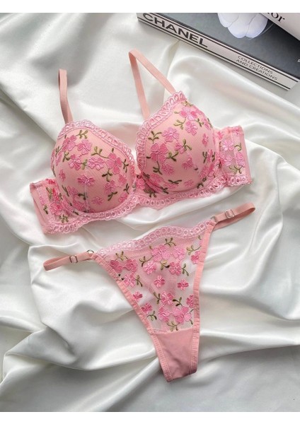 Destekli Brode (Nakışlı) Pembe Sütyen Takımı - 170