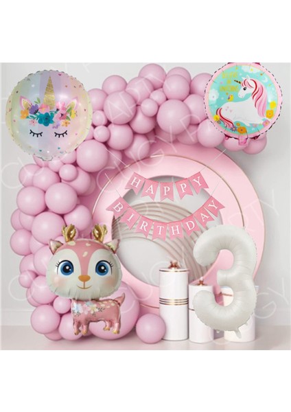 Kız Doğum Günü Süsü Parti Seti Pembe Sevimli Geyik Figür Konsept Pembe Balon Zinciri ve Folyo Seti