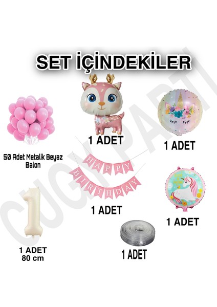 Kız Doğum Günü Süsü Parti Seti Pembe Sevimli Geyik Figür Konsept Pembe Balon Zinciri ve Folyo Seti