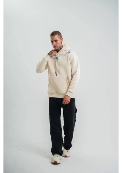 Unisex Uzun Kol Bisiklet Yaka Yıkamalı Sweatshirt - Krem