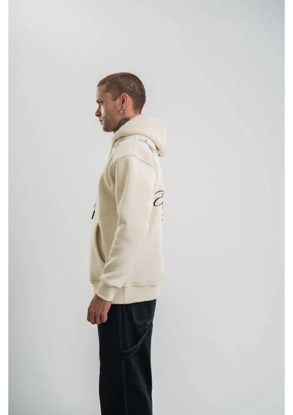 Unisex Uzun Kol Bisiklet Yaka Yıkamalı Sweatshirt - Krem