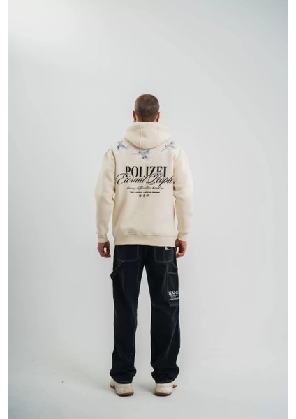 Unisex Uzun Kol Bisiklet Yaka Yıkamalı Sweatshirt - Krem