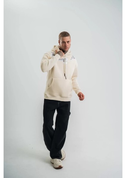 Unisex Uzun Kol Bisiklet Yaka Yıkamalı Sweatshirt - Krem