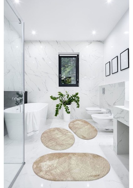 3'lü Banyo Halısı Takımı, Oval Peluş, Kaymaz Taban, Bej, 60x90, 50x60, 60x60, Kalın