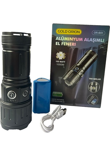 OR-B51 Şarjlı LED El Feneri, Güçlü El Feneri 50 Watt 8800 Mah Batarya