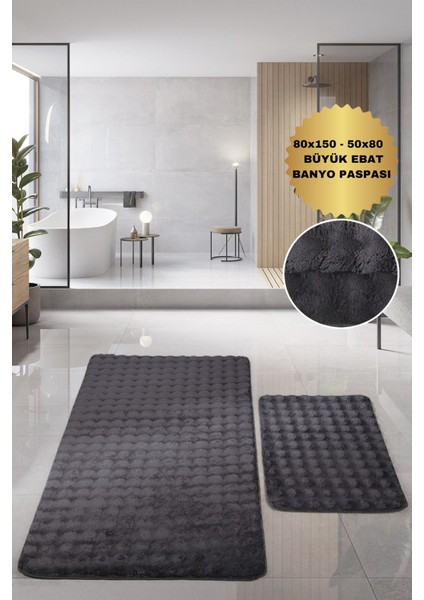 Yumuşak Antrasit Banyo Paspası, Kaymaz Taban, Yıkanabilir, 80x150 cm