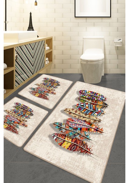 Renkli 3'lü Banyo Halısı Seti, Polyester, Kaymaz Taban, 60x100 cm