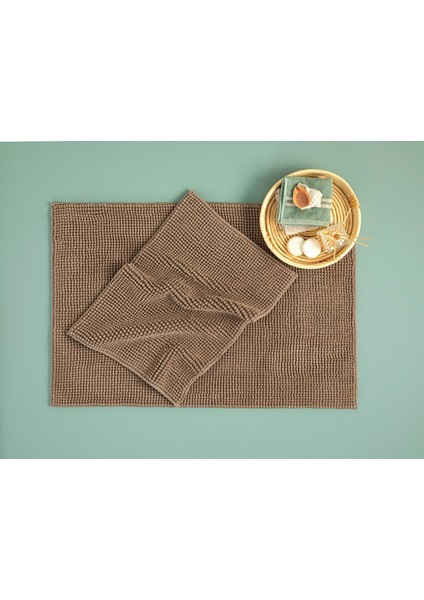 Kaymaz tabanlı polyester makarna banyo paspas seti 60x90 ve 40x60 cm kahve