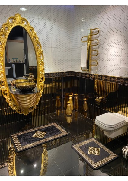 Su Geçirmez Banyo Paspas Takımı, Kaymaz Taban, 2'li, Siyah/Altın, 60x100 ve 60x50