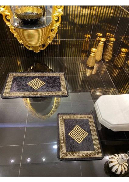 Su Geçirmez Banyo Paspas Takımı, Kaymaz Taban, 2'li, Siyah/Altın, 60x100 ve 60x50 fiyatları