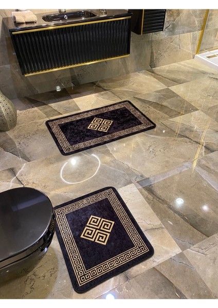 Su Geçirmez Banyo Paspas Takımı, Kaymaz Taban, 2'li, Siyah/Altın, 60x100 ve 60x50 indirimleri