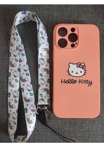 iPhone 14 Pro Max Hello Kitty Tasarım Pembe Lansman Telefon Boyun Askılı Set Kılıf