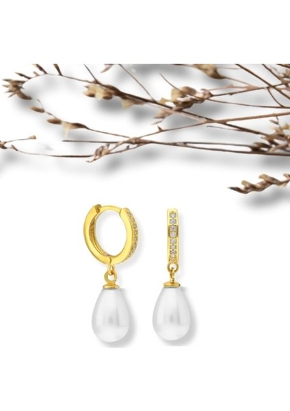 Şık ve Zarif Gold Renk 925 Ayar Tamtur Inci Gümüş Küpe