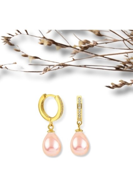 Şık ve Zarif Gold Renk 925 Ayar Tamtur Pembe Inci Gümüş Küpe