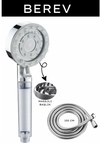 Masajlı Filtreli Basınçlı Duş Başlığı 5 Fonksiyonlu Duş Başlığı Seti 150 cm Örgülü Hortum