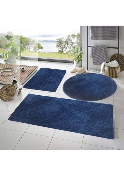 Büyük Boy Post Peluş Banyo Paspası Üçlü Takım Mavi, Kaymaz Jel Tabanlı
