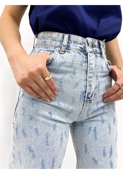 Kadın Desenli Yüksek Bel Geniş Paça Kot Pantolon