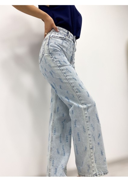 Kadın Desenli Yüksek Bel Geniş Paça Kot Pantolon fiyatları
