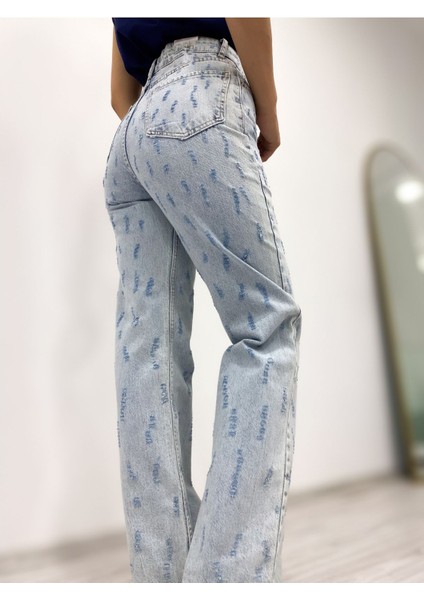 Kadın Desenli Yüksek Bel Geniş Paça Kot Pantolon modelleri