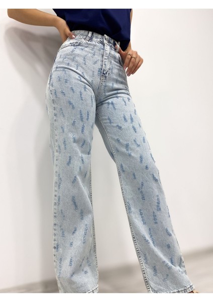 Kadın Desenli Yüksek Bel Geniş Paça Kot Pantolon fırsatları