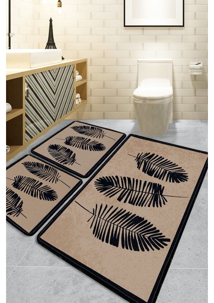 Bej 3'lü banyo halısı seti, kaymaz taban, yumuşak polyester, çeşitli boyutlarda