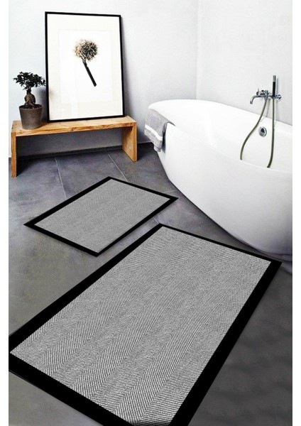 Siyah-Gri Desenli Yıkanabilir Kaymaz Tabanlı Banyo Halısı, 90x60 cm, Mikrofiber
