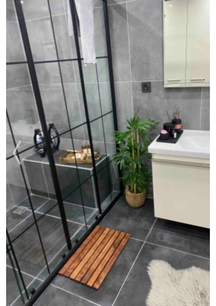 Ahşap Banyo Paspası, Dekoratif, Kaymaz Taban, 60x30 cm, Masif Tasarım