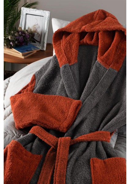 Yumuşak Pamuk Kapüşonlu Bornoz Unisex Antrasit Kiremit Gri Renk