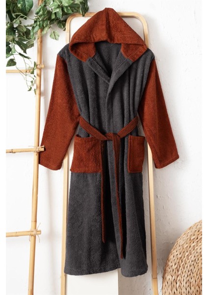 Yumuşak Pamuk Kapüşonlu Bornoz Unisex Antrasit Kiremit Gri Renk fiyatları