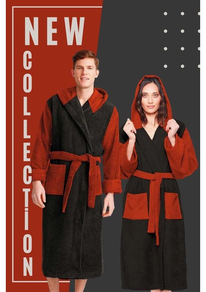 Yumuşak Pamuk Kapüşonlu Bornoz Unisex Antrasit Kiremit Gri Renk modelleri