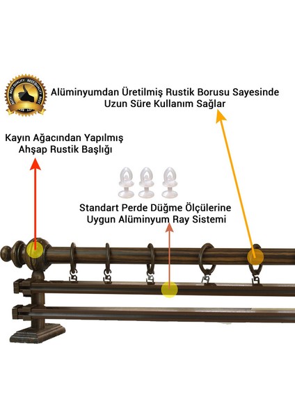 Rustik Ceviz Çift Raylı Ahşap Rustik Perde Askısı ve Alüminyum Rustik Borusu 150 cm