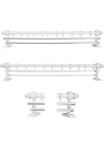 Rustik Beyaz Çift Raylı Ahşap Rustik Perde Askısı Ve Alüminyum Rustik Borusu 250 Cm