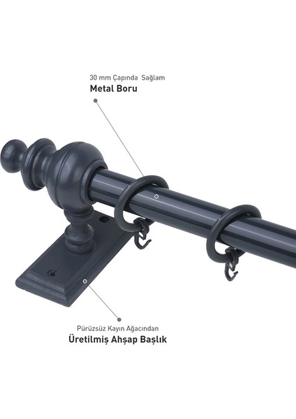 Rustik Antrasit Raysız Ahşap Rustik Perde Askısı Ve Alüminyum Rustik Borusu 300 Cm
