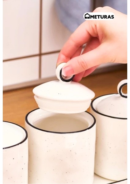 Modern Mutfak Silikon Vakum Kapaklı Porselen Baharatlık Seti 4 Lü- 400 ml
