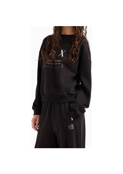 Kadın Logo Baskılı Bisiklet Yaka Sweatshirt - Siyah