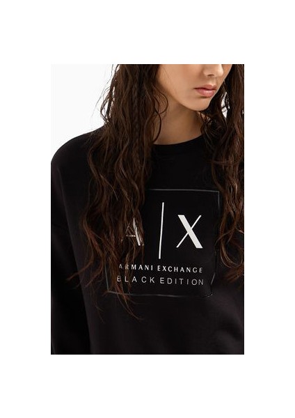 Kadın Logo Baskılı Bisiklet Yaka Sweatshirt - Siyah