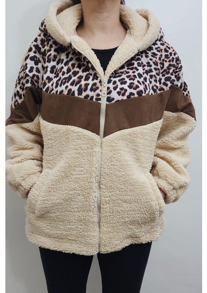 Yeni Sezon Leopar Desenli Cepli Peluş Mont