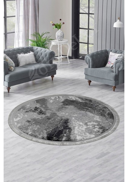 Antrasit saçaklı yuvarlak banyo halısı, polyester, 80x80 cm, şık ve konforlu kullanım