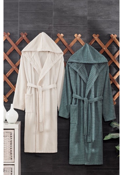 Tekno Trust Quina Yeşil Bej Kapüşonlu Oversize Bornoz Seti