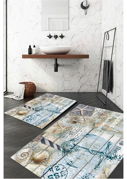 Deniz Desenli Renkli İkili Banyo Paspası, Kaymaz Taban, Polyester, 40/60cm-60x100cm