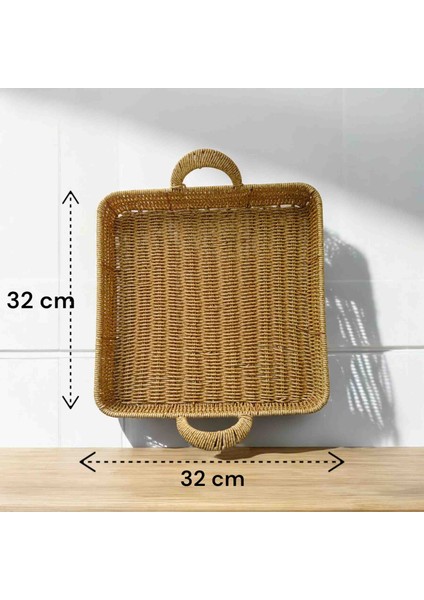 Büyük Boy Kare Sunum Dekor Rattan Tepsi 33 x 33 cm
