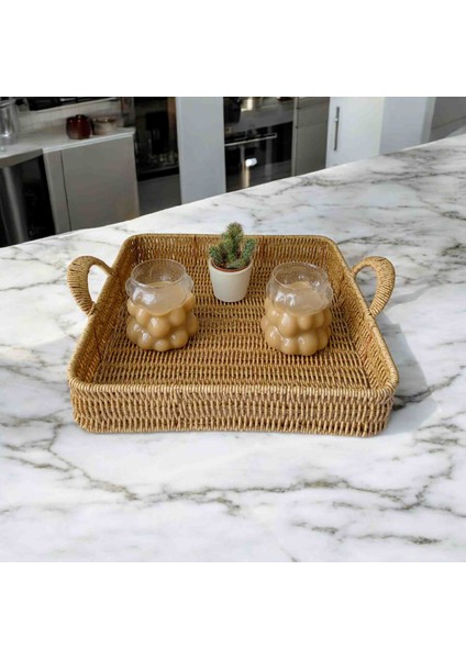 Büyük Boy Kare Sunum Dekor Rattan Tepsi 33 x 33 cm