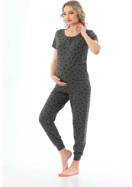 Hamile Kalp Desenli Esnek Kumaş Pijama Takım